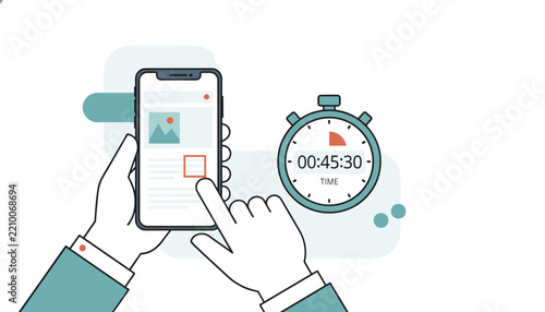 Businessman hands holding smartphone and tracking time with a digital stopwatch during a productivity session.