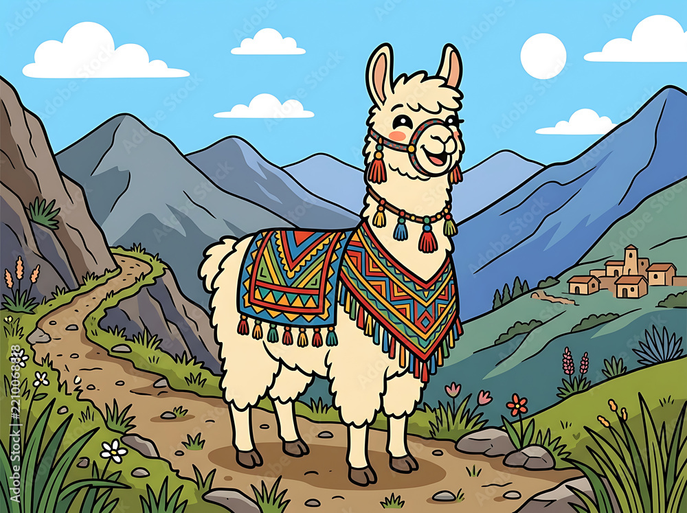 Obraz premium Cute Vector Cartoon Llama in Andes