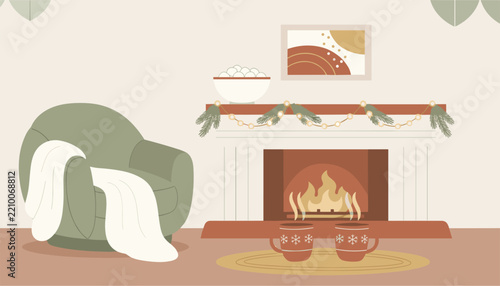 Cozy living room decorated for winter with a warm burning fireplace, an armchair with a throw, and two steaming mugs.