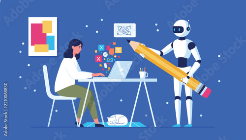 Creative writer collaborates with an artificial intelligence robot holding a giant pencil to draft new stories on a laptop.