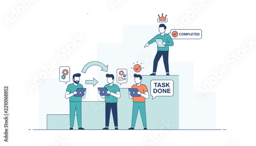 Team of employees passes tasks down the line to successfully complete their project, reaching the task done goal.