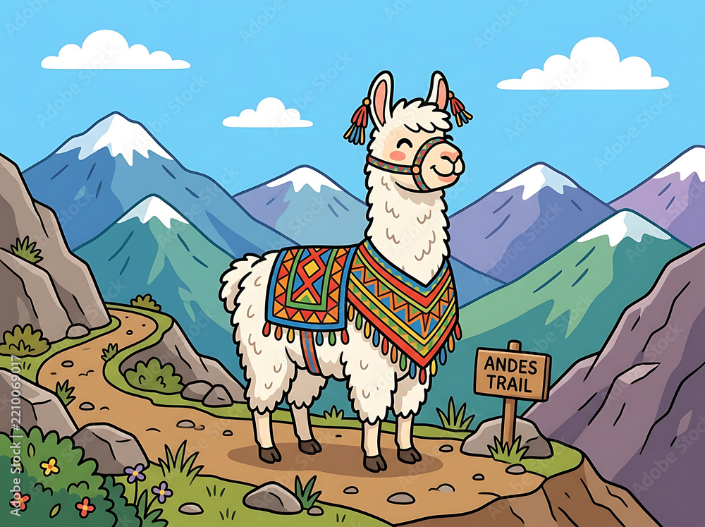 Obraz premium Cute Vector Cartoon Llama in Andes
