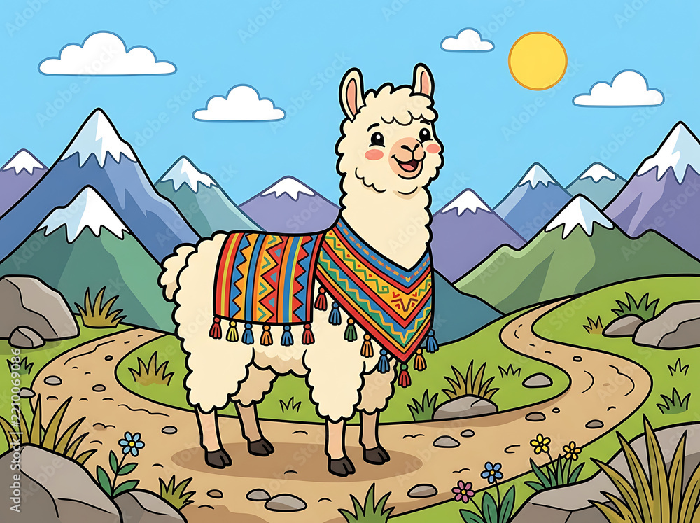 Fototapeta premium Cute Vector Cartoon Llama in Andes