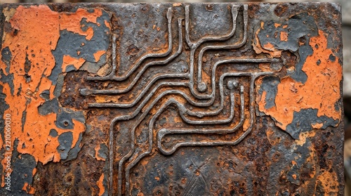 Rusty metal surface with peeling orange paint and etched lines