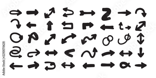 Comprehensive brush stroke arrow set offers various thick black pointers for maps and presentations.