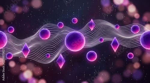 Vibrant 3D Spheres and Diamonds with White Wavy Lines