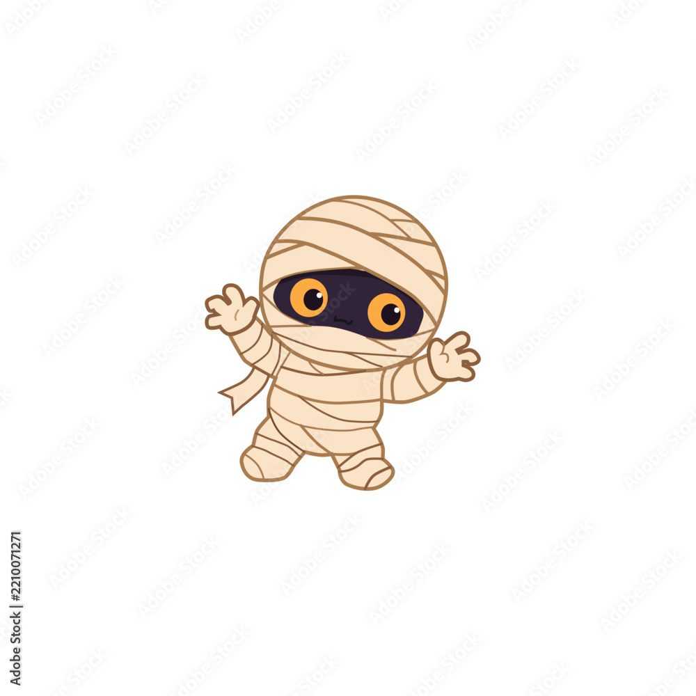 Obraz premium Friendly cartoon mummy character wrapped in white bandages gives a thumbs up gesture and winks in a fun Halloween-themed design.