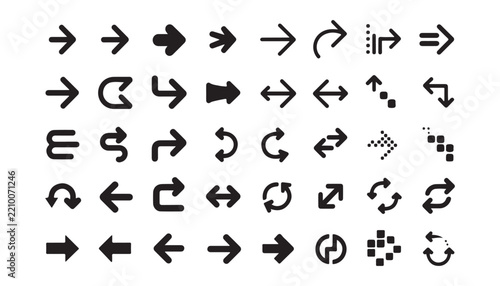 Diverse black arrow icons collection for web navigation and user interface design elements pack.