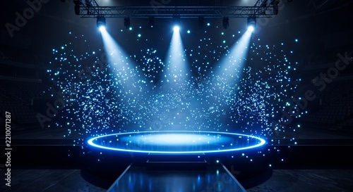 Empty Dark Stage with Blue Spotlights and Glowing Dust Particles