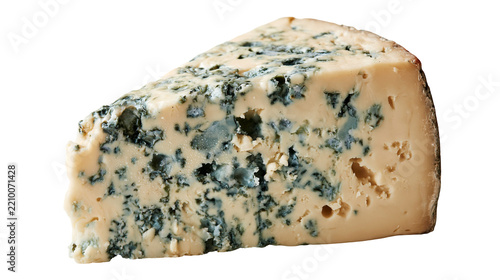 Fotografie Creamy wedge of blue cheese with distinct blue mold veins and textured surface