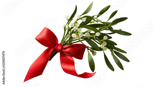 Fresh green mistletoe sprig with white berries and a decorative red satin ribbon