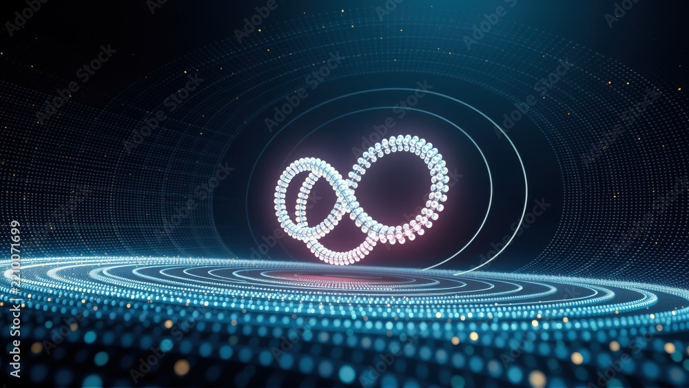 Fototapeta premium Bright infinity symbol floats above digital landscape. Glowing lines create futuristic, abstract scene. Dots form tunnel effect.