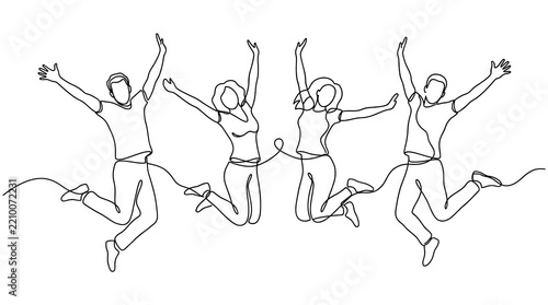Continuous line drawing of four happy people jumping together.