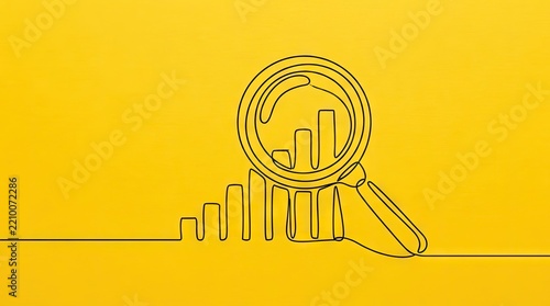 Continuous line drawing of magnifying glass over bar graph.