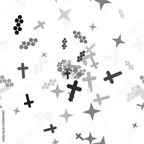 Abstract dark background with floating geometric stars crosses and hexagons