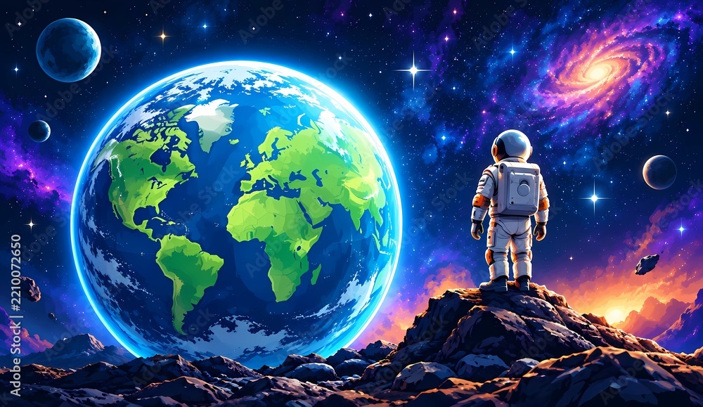 Fototapeta premium Astronaut Standing on Planet Surface Looking at Planet Earth in Deep Space 
