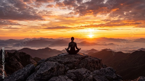Silhouette Meditating on Mountain Peak at Sunrise