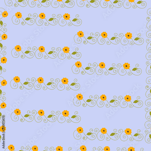 Seamless Pattern with Yellow Flower Swirl Borders on Pastel Blue Background