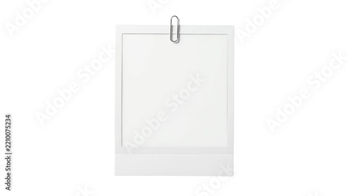 Blank instant photo frame with silver paperclip attached, isolated on transparent background