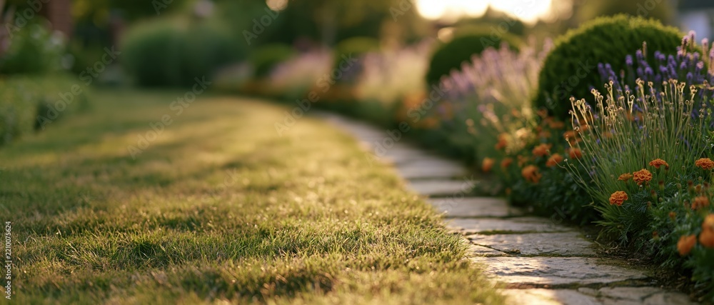 Obraz premium Curved stone path winding through a green lawn bordered by mixed perennial flowers in a garden setting