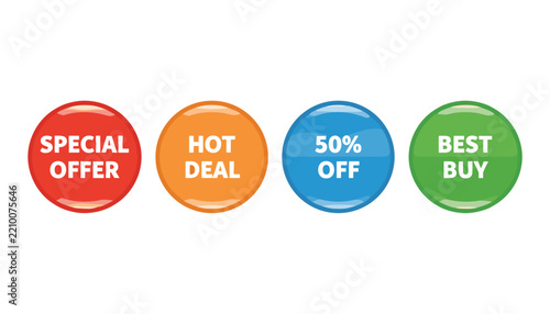 Four glossy circular retail promotional buttons in red, orange, blue, and green showing various deal text.