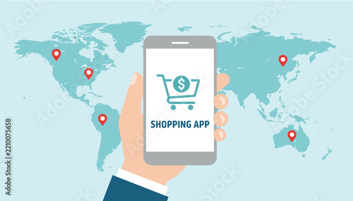 Business hand holding a smartphone showing a shopping app interface with a world map and red location pins in the background.