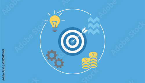 Circular business concept graphic representing goal setting and target achievements on a bright blue background.