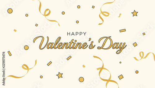 Elegant Valentine's Day greeting design featuring a golden font and scattered festive confetti on a cream background.