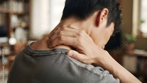 근육통으로 인해 목과 어깨를 움켜쥐고 통증을 호소하는 남성의 피로한 일상
man grabbing his neck and shoulder in pain due to muscle strain fatigue
