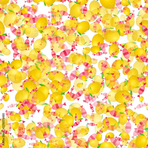 Seamless pattern of yellow lemon fruits and pink sweets on black background