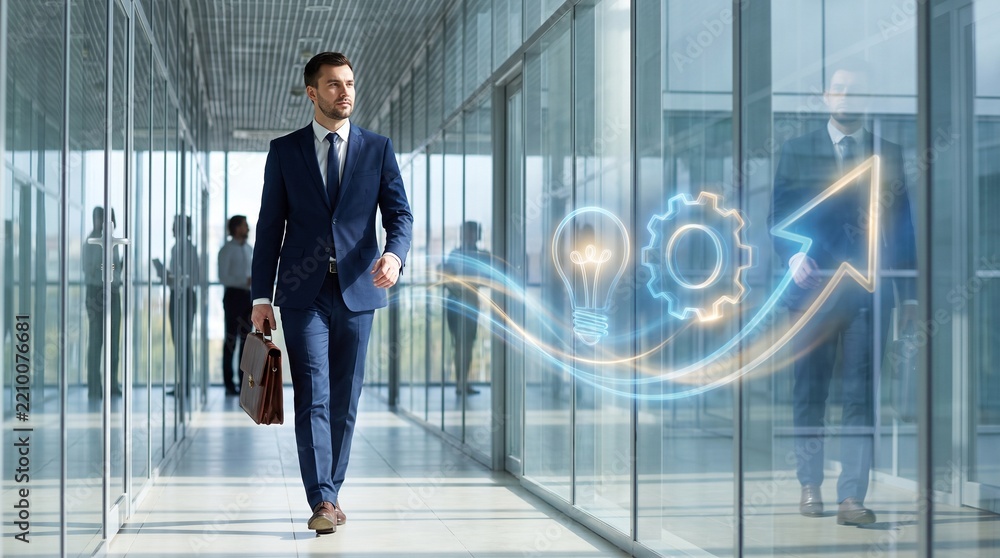 Fototapeta premium Businessman Walking Office Hallway with Trailing Innovation Icons for Career Growth Concept
