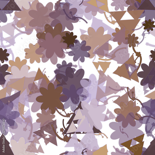 Seamless pattern with purple flowers and brown geometric triangles on black