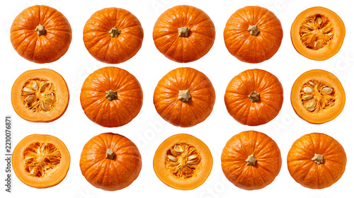 Whole and sliced orange pumpkins arranged in a grid pattern