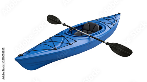 Blue recreational kayak with black seat and double bladed paddle