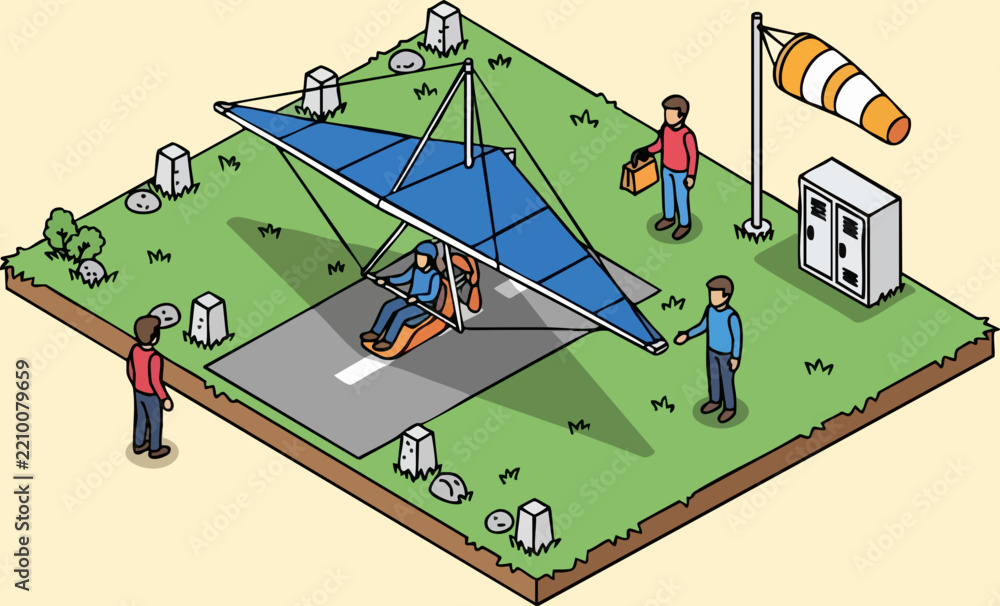 Fototapeta premium Hang gliding launch on grassy hill with pilots and gear