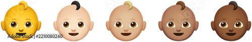Baby face emoji set with different skin tones and blonde hair. Flat vector icon collection of infant toddler avatar isolated on white background. Diverse character emoticons for baby and app design.