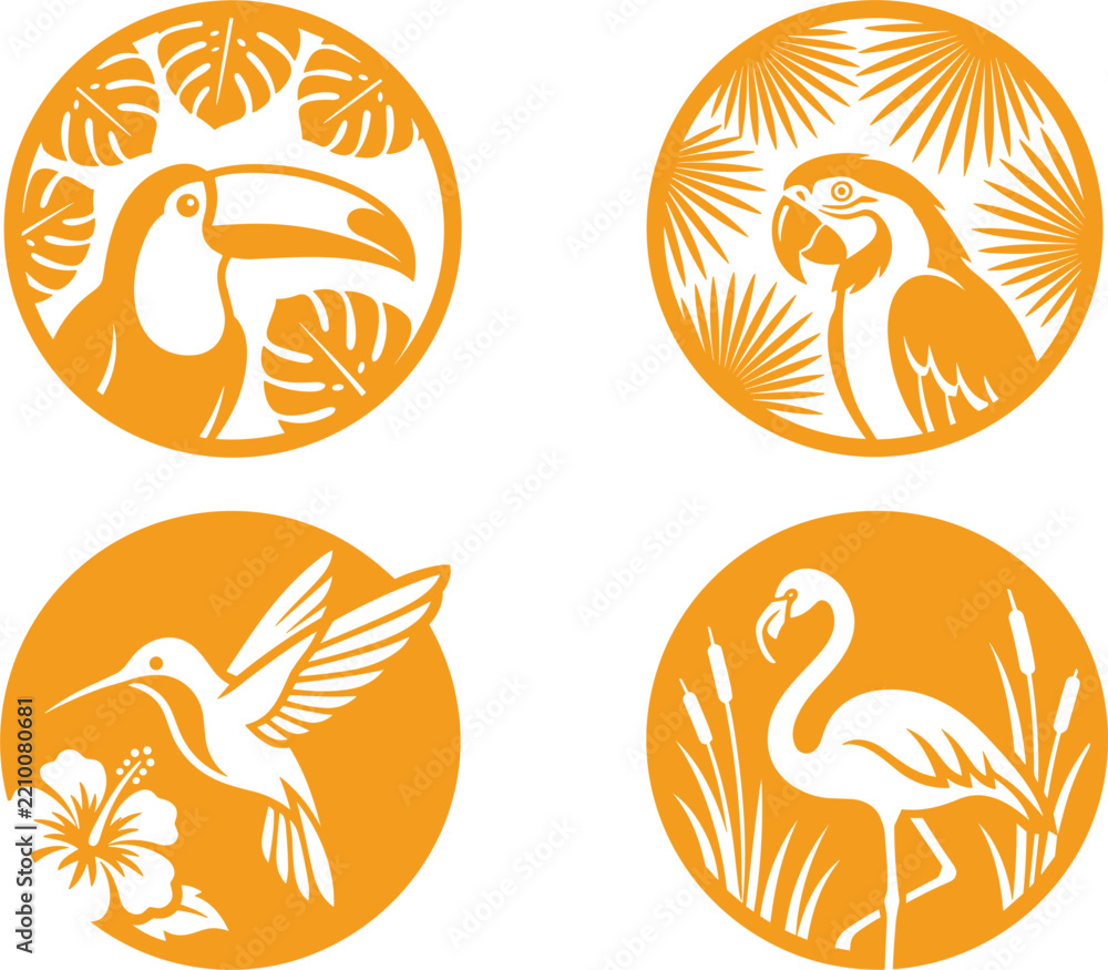 Obraz premium Tropical Exotic Birds Round Emblem Vector Set Featuring Orange Toucan, Parrot, Hummingbird, and Flamingo Silhouettes with Monstera Leaves, Palm Fronds, and Hibiscus Flowers for Summer Travel,