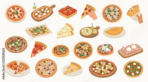 A diverse collection of delicious pizzas and pizza slices, showcasing various toppings and styles.