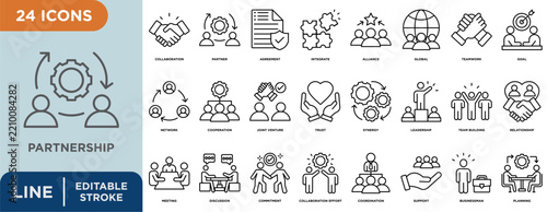 Partnership line icon set with editable stroke for collaboration, partner, agreement, integrate, alliance, global, teamwork