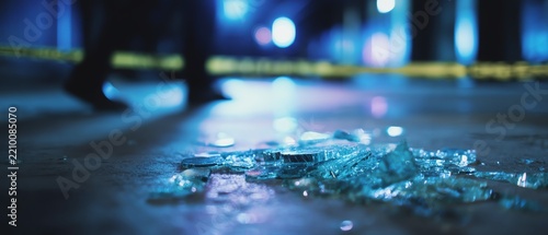 Broken glass on the ground at a crime scene.