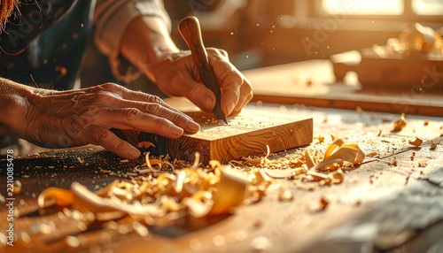Woodworker carving a wooden board by hand with traditional tools in warm sunlight
暖かな光の中で木材を手彫りする木工職人の制作風景