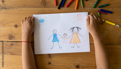 Child creating a colorful hand drawn picture with crayons on a wooden table
木の机でクレヨンを使って手描きの絵を作る子どもの創作時間
