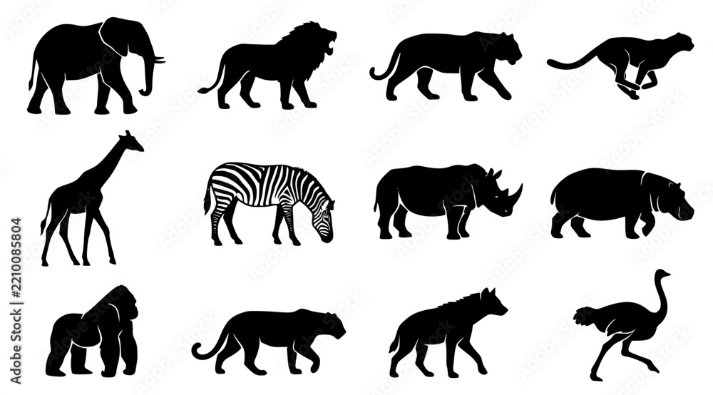 Fototapeta premium African Safari Wild Animals Silhouette Collection Vector Set