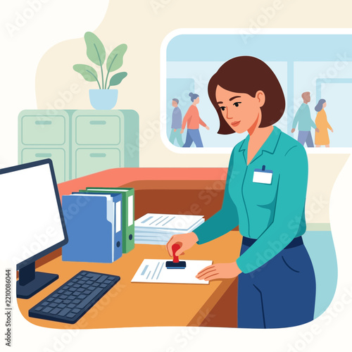 Receptionist Stamping Document at Desk with Computer and Files, Office Interior Scene