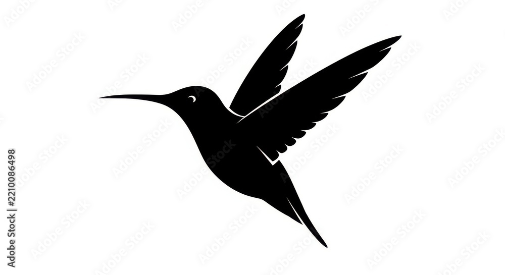 Obraz premium Black hummingbird silhouette flying with wings spread, isolated on white background, ideal for logos or designs.