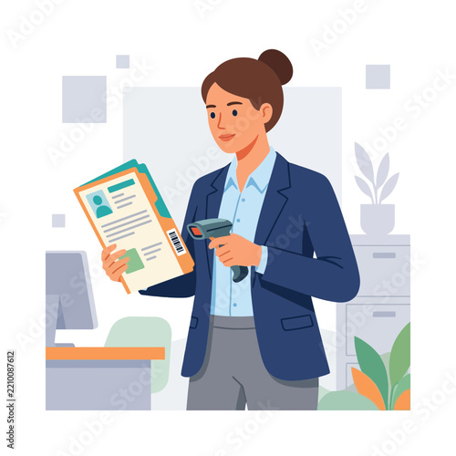 Professional woman in a blue suit scanning documents with a barcode reader in an office environment.