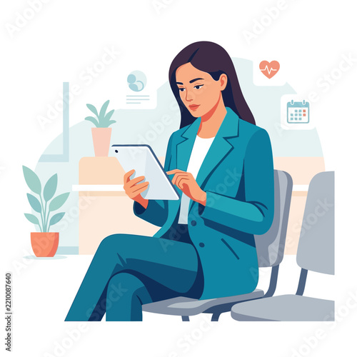 Professional woman in a teal suit using a tablet while waiting, surrounded by medical and calendar icons. Modern vector illustration.