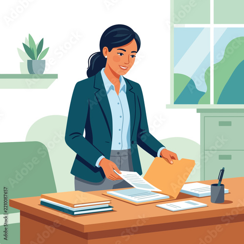 Professional woman organizing documents in an office, vector illustration