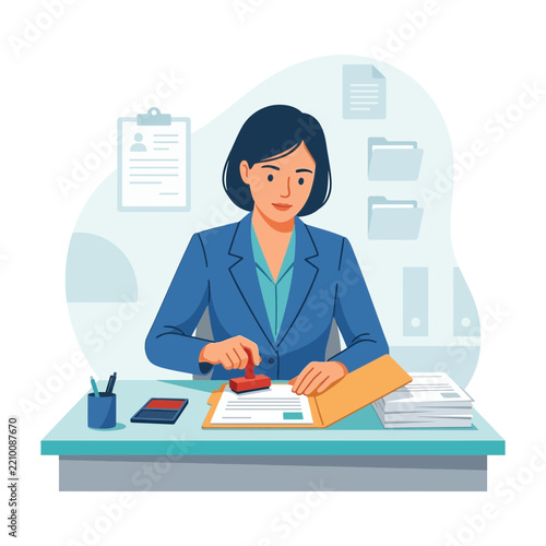 Professional Woman in Blue Suit Stamping Documents in Office, Vector Illustration