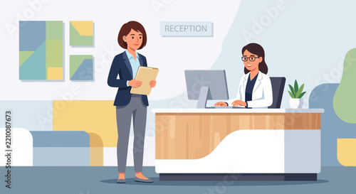Professional women at reception desk in modern office setting, one waiting, one working